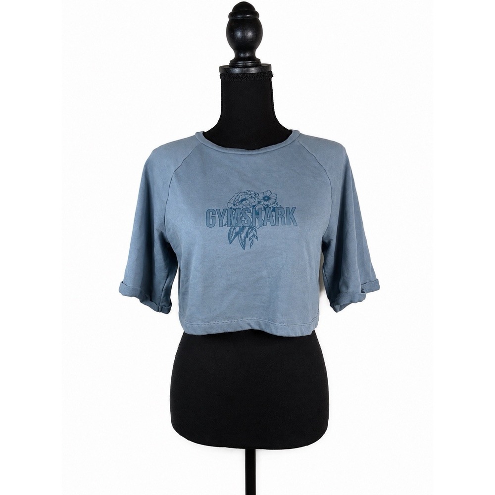 Gymshark Floral Crop Top Blue Stone Women's Cropped Raglan Graphic T Shirt S